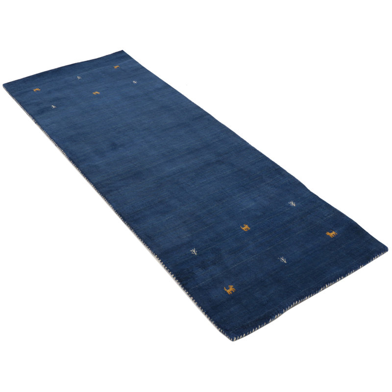 Handwoven Wool Gabbeh Uni Blue Rug, Runner 80 x 400cm