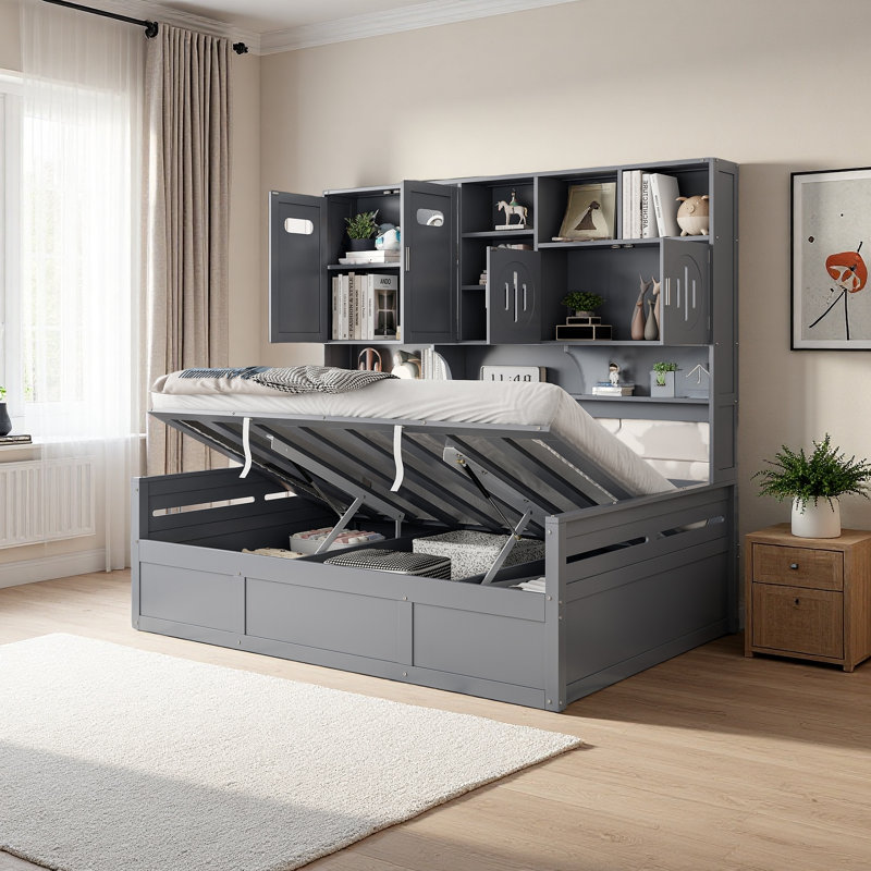 Lit de jour en bois avec lit hydraulique et armoire et tablette tout-en-un, Gris, Lit double