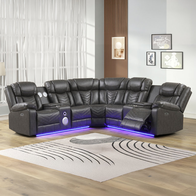 Briege Faux Leather Power Reclining Curved Sectional Symmetrical, Gray Faux Leather