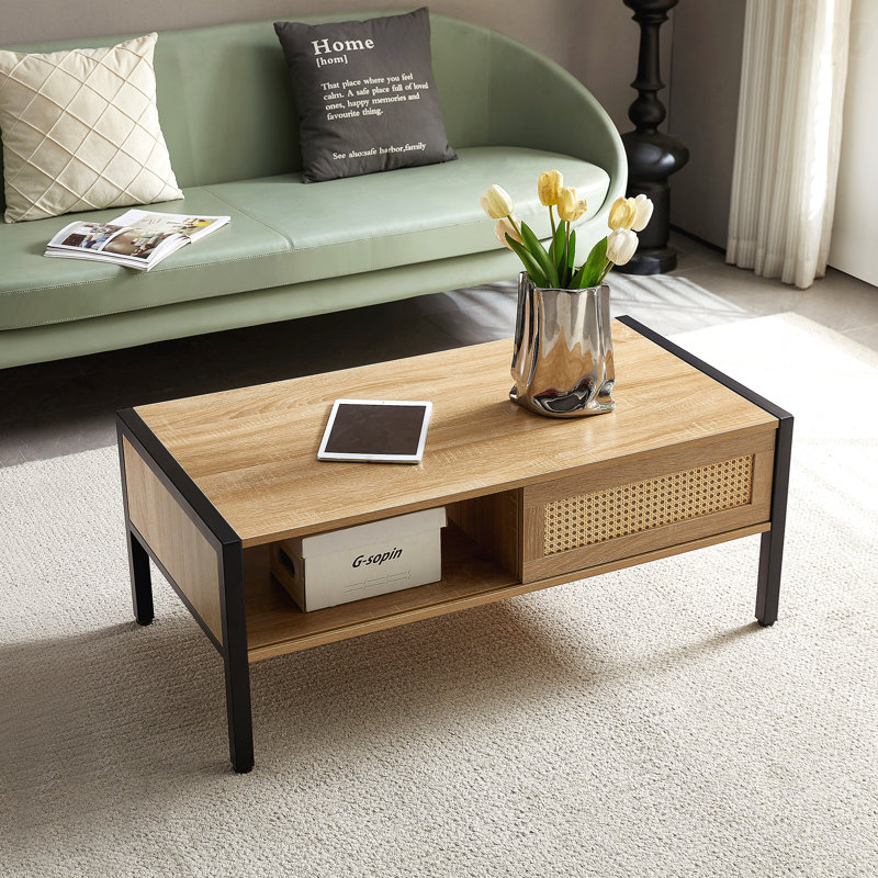 40.16" Rattan Coffee Table Sliding Door For Storage Metal Legs Modern Table For Living Room, Brown, Black