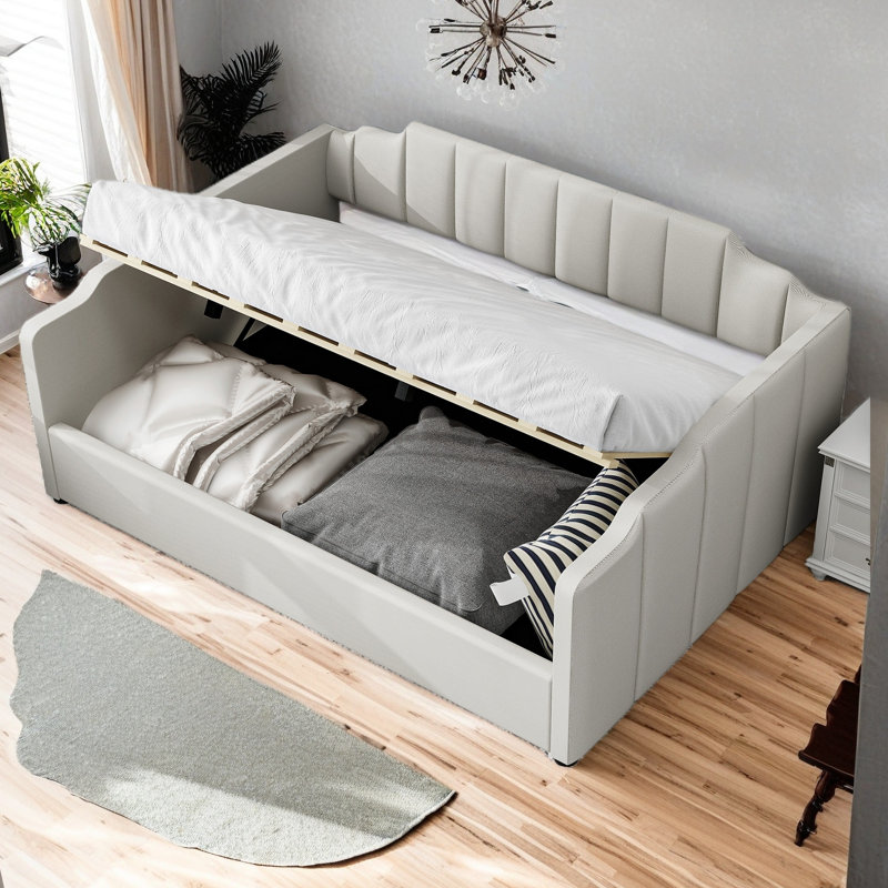 Lit de jour rembourré avec rangement inférieur, Complet/Double, Blanc