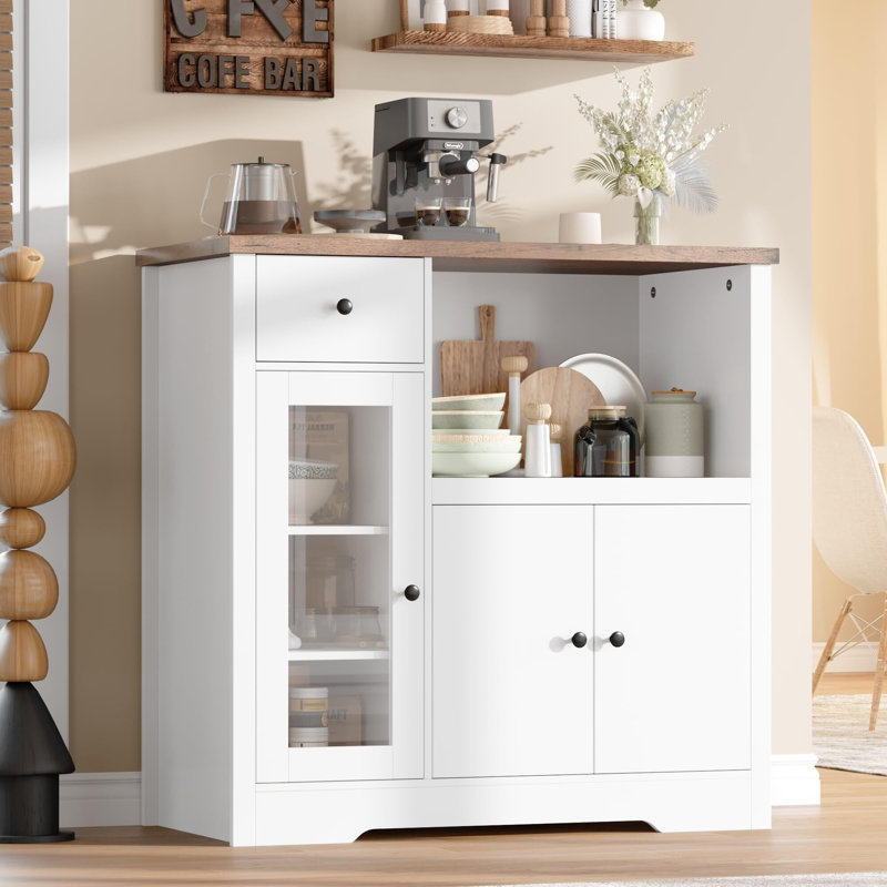 Kitchen Microwave Cabinets/Stand With 3 Doors And 1 Drawer, Buffet Cabinet Sideboard With Adjustable Shelves, White/Walnut