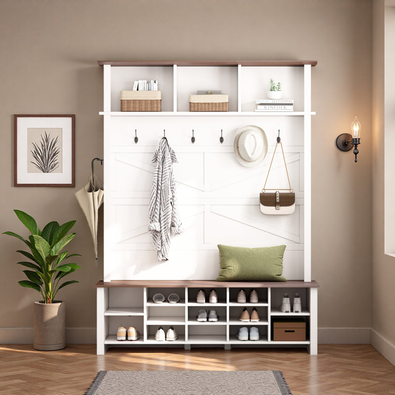 Arbre d'entrée 4 en 1 avec 6 crochets Farmhouse, banc pratique en noyer avec tablettes réglables, range-chaussures rustique en bois avec 16 compartiments ouverts pour le vestibule, salon