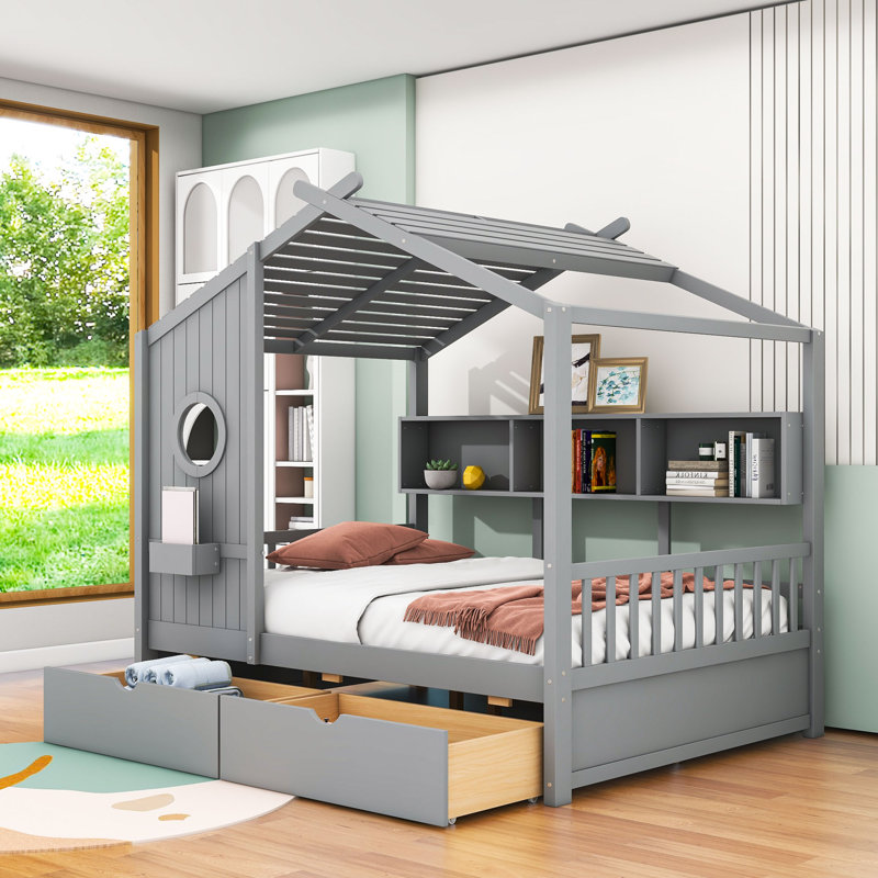 Bitner Two Drawers House Wooden Daybed with Shelves, Gray, Full 