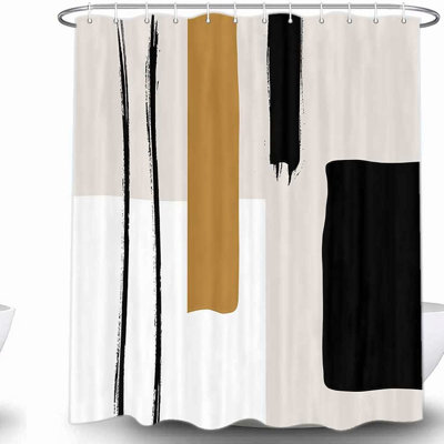 Geometric Chic Shower Curtain - Minimalist Black & White, Retro Beige Accents, Mid-Century Modern Bathroom Decor, with Hooks
