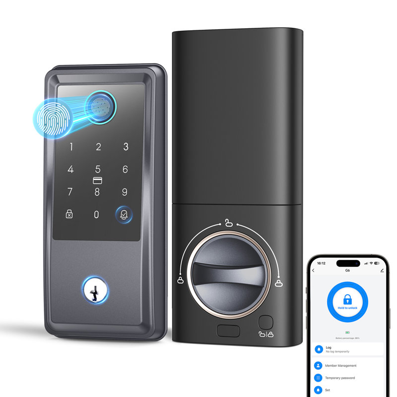 G6 Smart Keyless Entry Door Lock with Handle - APP & 2.4G Wi-Fi Control, Built-in Doorbell, Fingerprint & Keypad, Dark Grey