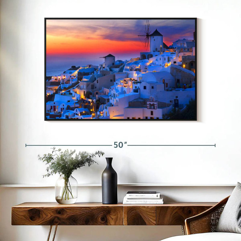 Lumières de Santorin, Cadre flottant noir, 40 po x 27 po