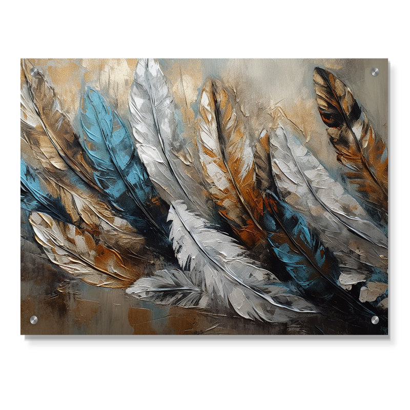 «Gold Feather Extravaganza II», art mural acrylique plume glam, H 12 po x l 20 po