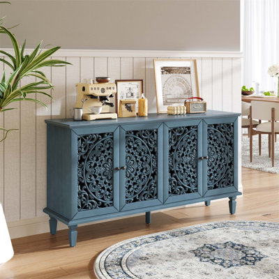 Buffet antique avec sculptures florales, pieds en bois massif, tablettes réglables, idéal comme meuble télé et buffet pour diverses pièces