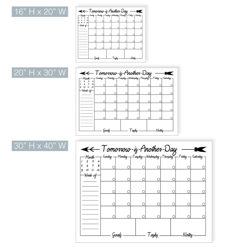 Tableau mémo mural calendrier effaçable à sec, H 16 po x l 20 po x P 1,5 po