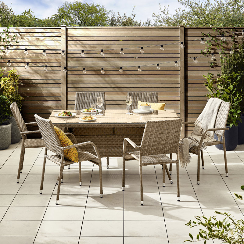 Karren 6 Seater Garden Dining Set - PE Rattan & Tempered Glass Outdoor Set - Modern Gardens & Patios, Beige