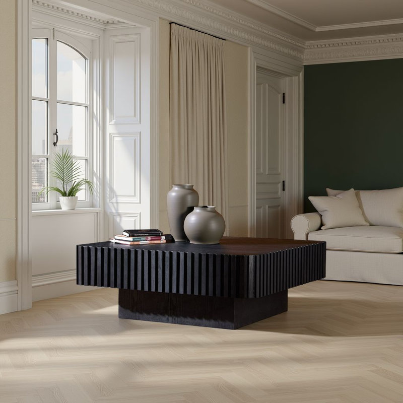 35" Modern Drum Coffee Table - Square Wood Veneer Top with Sturdy MDF Base, Black