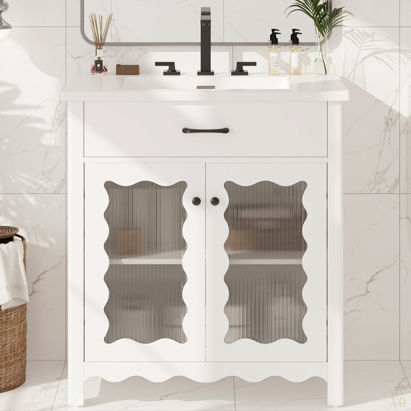 Meuble-lavabo de 31 po avec verre Tempe, armoire de salle de bain moderne avec pieds en bois d'hévéa et portes à fermeture en douceur