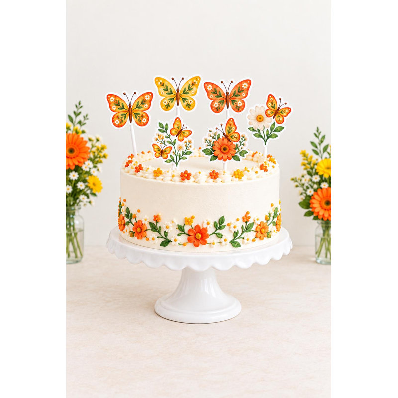 Orange Butterfly Cake Decorations, Baby Shower Garden Toppers, Yellow Floral Picks