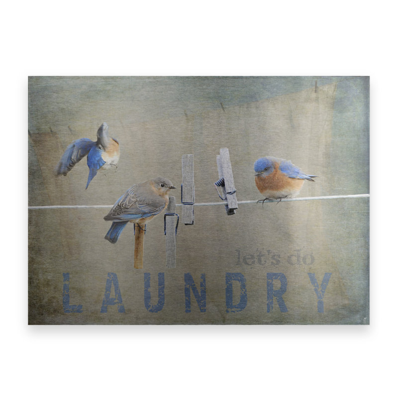 Art en aluminium brossé flottant Jai Johnson «Laundry Day Bluebirds»