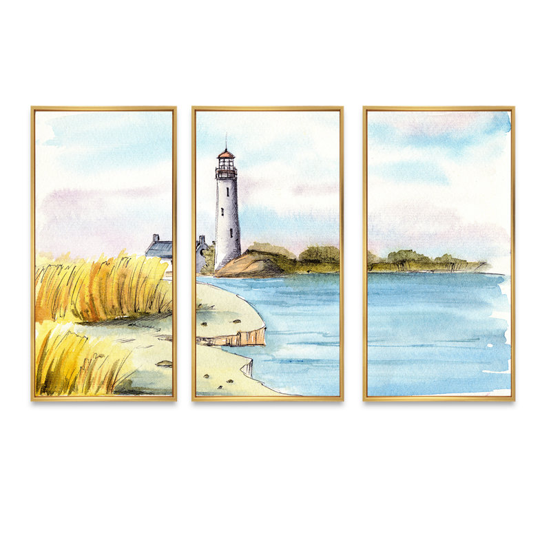 Phare sur un bord de mer lointain - 3 pièces, reproduction sur toile, Doré, H 32 po x l 48 po x P 1 po