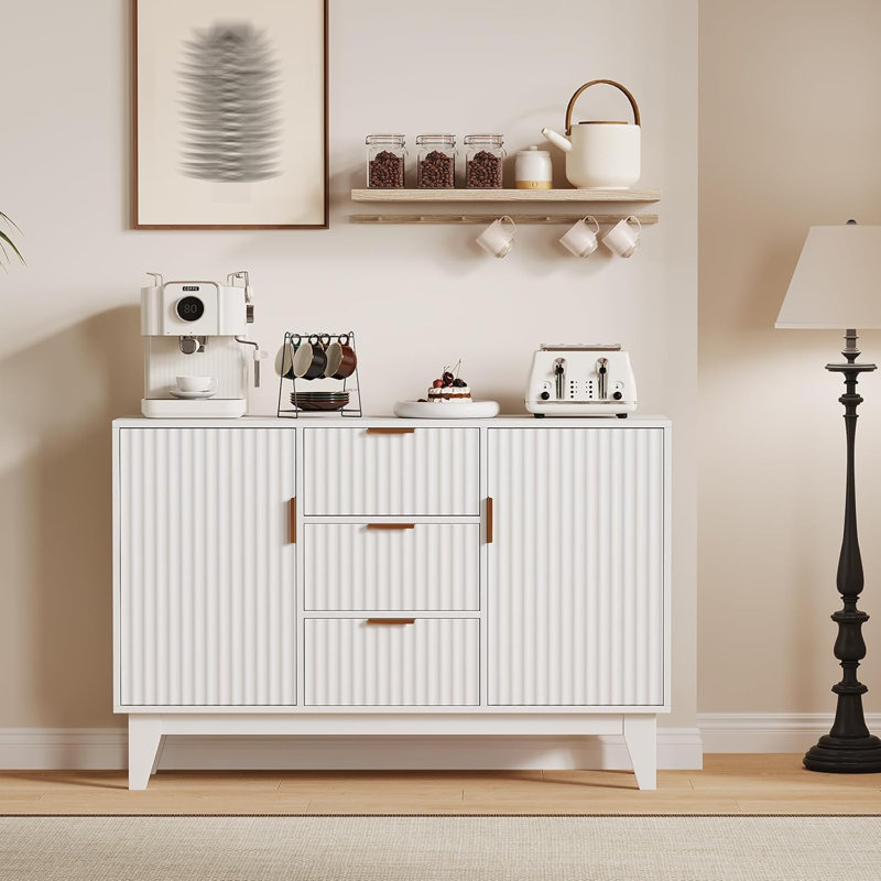 Buffet 47 pouces à 3 tiroirs et tablettes réglables, armoire de rangement pour cuisine, Blanc