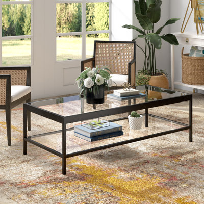 54" Wide Glass Top Coffee Table with Open Lower Shelf — Blackened Bronze Modern Metal Center Table for Living Room | Cleo
