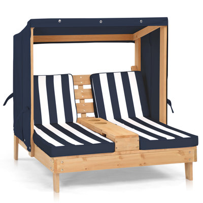 Chaise longue pour enfant avec baldaquin 2 places avec porte-gobelet et coussins rayés bleus et blancs pour enfants