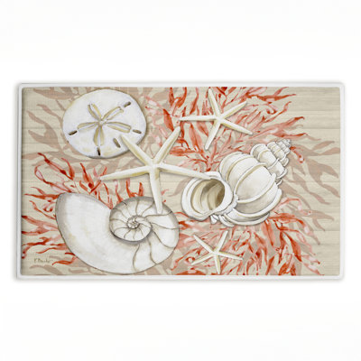 Coral & White Shells Printed Plush Bath Mat and Bath Rug, design by Paul Brent, 18"x30"
