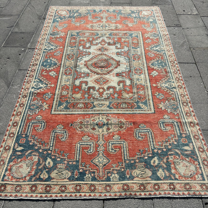 Grand tapis turc Oushak rétro bleu - idéal pour la décoration de chambre à coucher avec un motif anatolien complexe