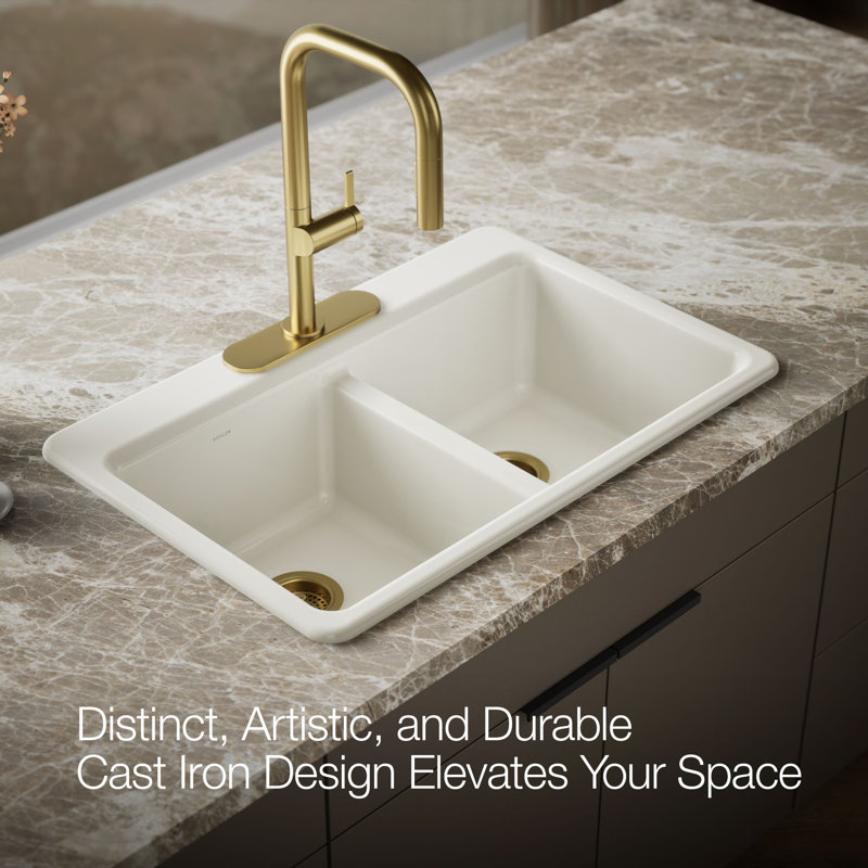 Riverby 33 In. Top-Mount Double-Bowl Kitchen Sink, 3 hole, Biscuit, Double-equal bowls