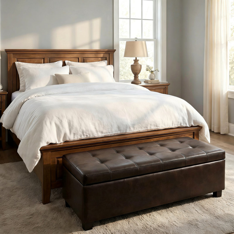 49.75" Brown Tufted Storage Ottoman Bench - Synthetic Leather, Wooden Legs, 300lb Capacity