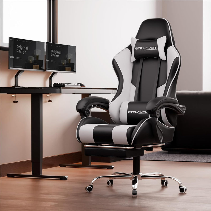 GTPLAYER Gaming Chair with Footrest and Lumbar Support, Height Adjustable Game Chair with 360°-Swivel Seat and Headrest and for Office or Gaming(White)