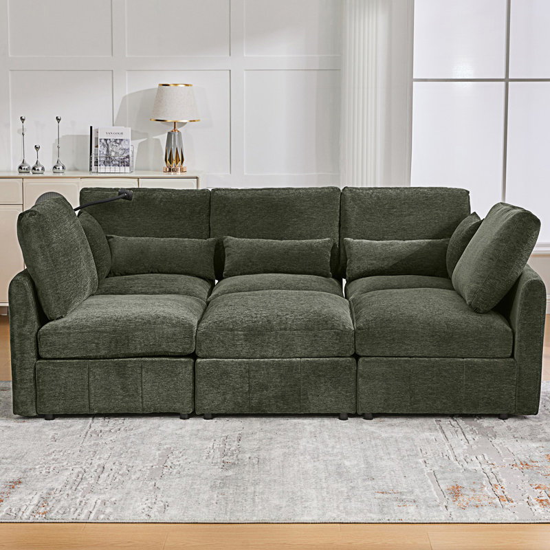 Modern Sectional Sofa, Modular Sofa, U-shaped Sofa Couch with a Movable Ottoman and Two USB Ports and a Phone Holder, Green