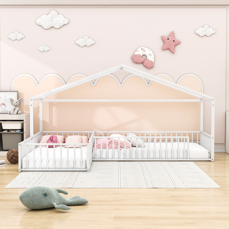 Twin And Twin L-Shaped Metal Montessori Bed With Fence, White