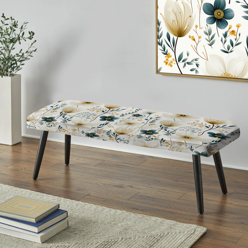 Literie florale blanche et beige minimaliste - Banc noir rembourré floral