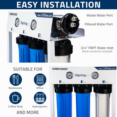 iSpring CRO1000 4-Stage Tankless Commercial Reverse Osmosis Drinking Water Filtration System for Restaurant and Small Business, 1000 GPD RO Membrane, 20-Inch  Filters 3/4" NPT Inlet