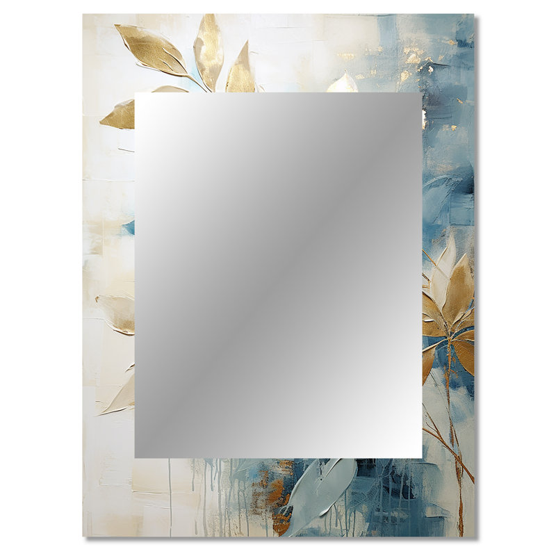 Gold And Blue Abstract Botanical - Botanicals Decorative Wall Mirror, Modern Mirror, Printed Metal Art, 40" x 30"