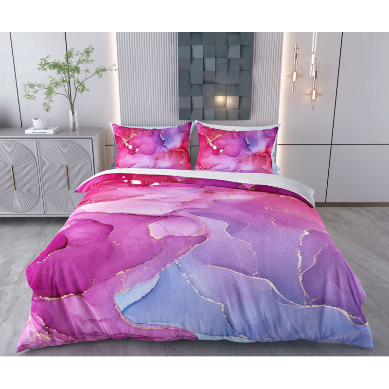 King Quilt Cover Set, 100% Cotton & Polyester Blend, 102.4 x 86.6 inches | 2 Pillowcases (23.6 x 23.6 inches) | Machine Washable, 145 Thread Count, Stylish Purple, Pink & Blue Design, Button Closure