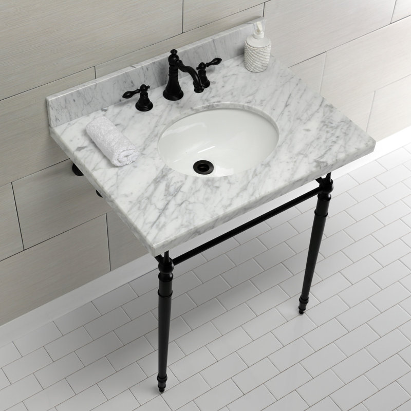 Lavabo de salle de bain ovale à console avec trop-plein, Marbre blanc / noir mat