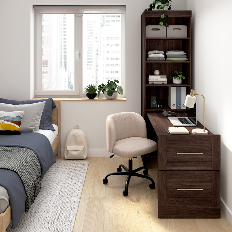 25W Pull-Out Desk Cabinet With Shelves And Hidden Storage, Black Walnut