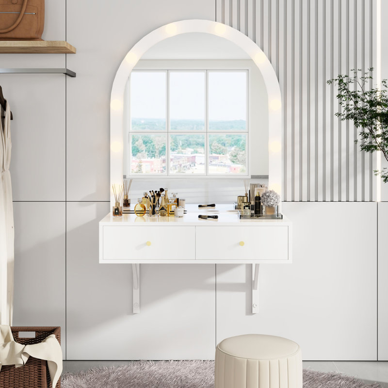 Coiffeuse murale avec miroir et éclairage tricolore, blanche, grand espace de rangement, éclairage intégré, prise électrique intégrée