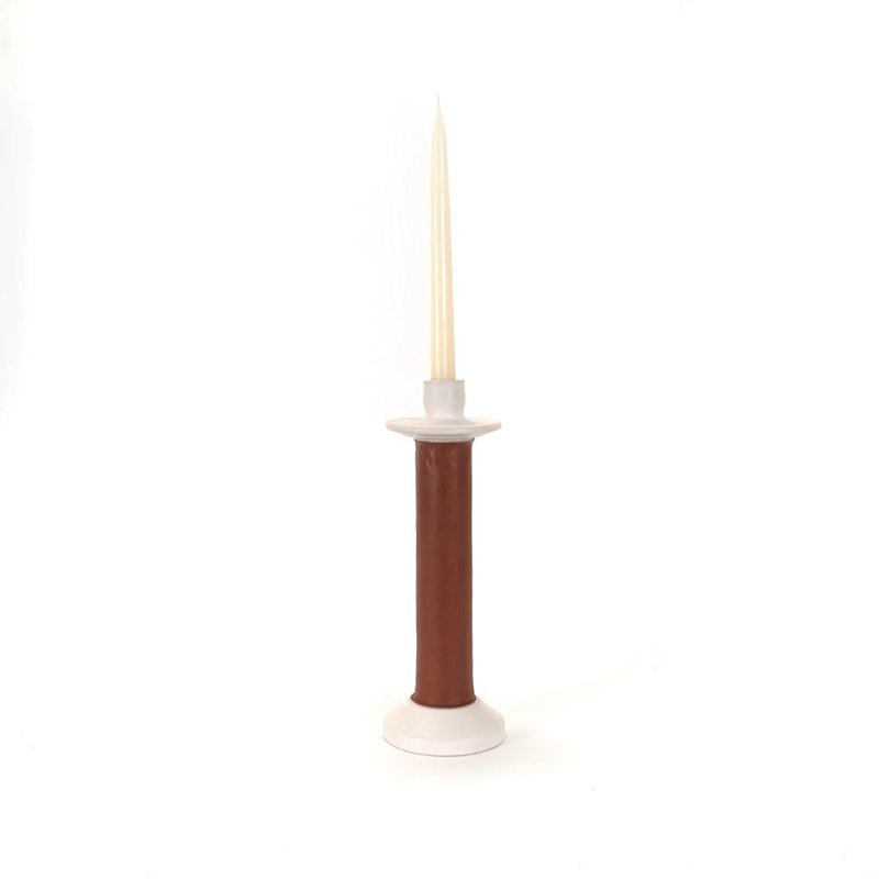 Large Leather Wrapped Candle Holder - terracotta, White, 12" H x 3.5" W x 3.5" D