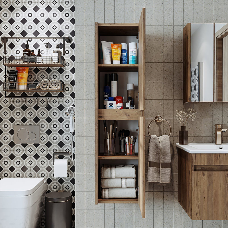 Ruarie Tall Bathroom Towel Storage Cabinet, Oak