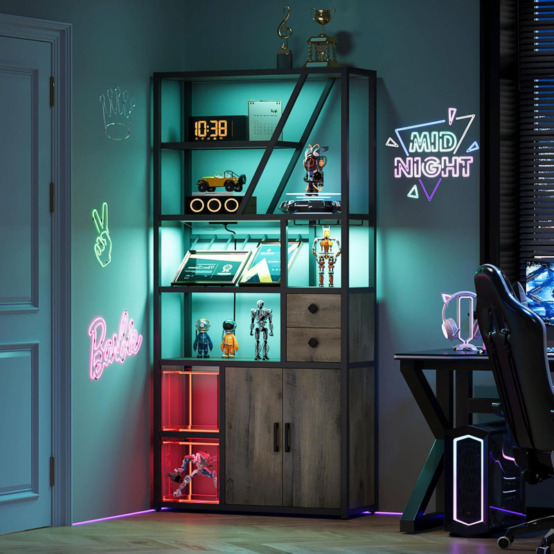 Armoire à vin avec lumières DEL, prises de courant et porte-bouteilles, Gris