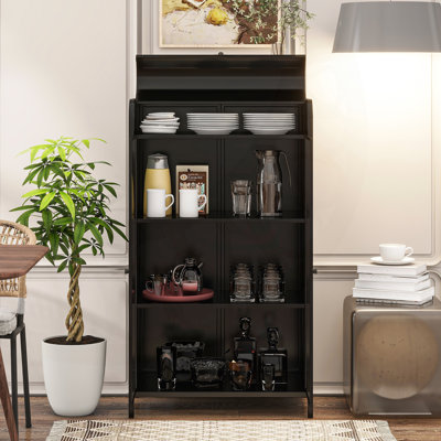 47.6 Inch Tall Metal Storage Cabinet with Glass Doors, Flip-Top, and 4-Tier Display Shelves for Versatile Home Organization