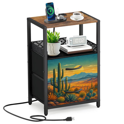 Table de chevet 2 tiroirs en tissu avec station de charge Cactus Arizona Desert Boho Western Southwestern
