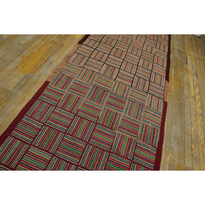 Rare Pair Of Colorful Jewel Tones Antique American Folk Art Basket Weave Design Hooked Hallway Runner Rugs