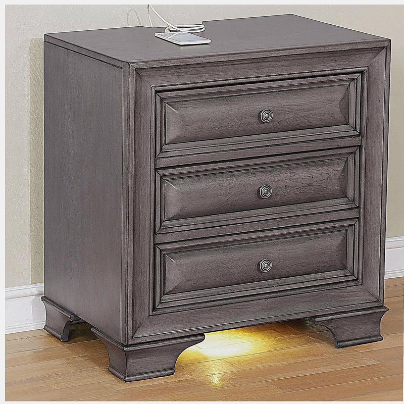 Table de chevet 3 tiroirs en bois massif gris avec poignée ronde en nickel et table de chevet avec base, Gris