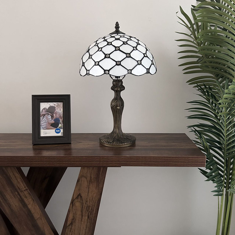 Varga Tiffany Table Lamp White Stained Glass Crystal Beans LED Bulb Included 12"W*12"D*19"H