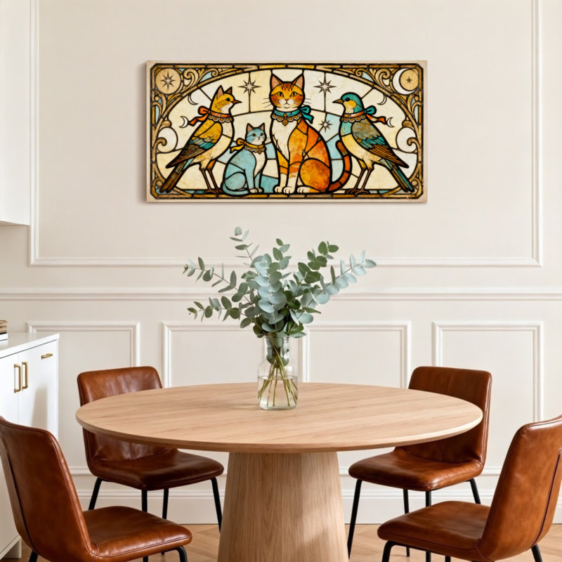 Motif de chats et d'oiseaux en vitrail tendance, H 20 po x l 40 po