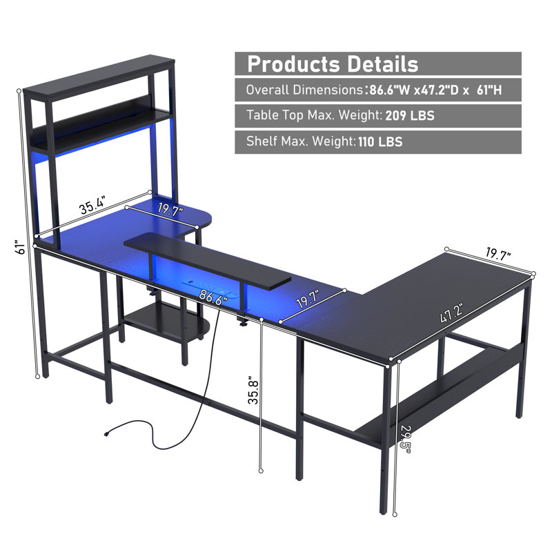 Bureau d'ordinateur en forme de U / en L / en I avec huche, douilles et DEL 86,6 po Keyvin