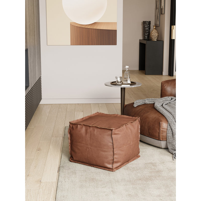 19" Genuine Leather Square Pouf Ottoman, Brown