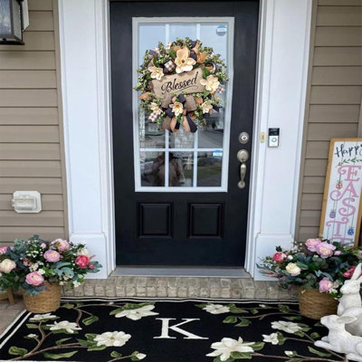 Spring Summer Wreath For Front Door, Farmhouse White Floral Wreath With Buffalo Plaid Bow, Decorative Front Door Hanger For Porch, Entryway, Wall, Year-round Home Decor & Housewarming Gift