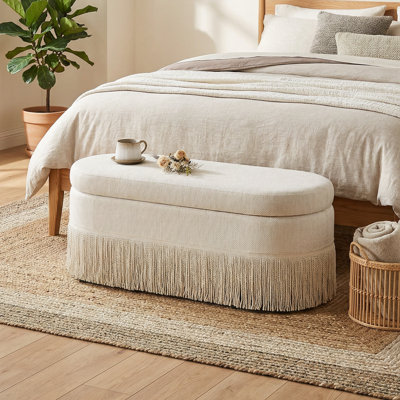 Upholstered Storage Ottoman Bench with Lift-Top Lid & Fringe Trim, Large Oval Ottoman with Metal Legs & Hidden Storage for Living Room Bedroom